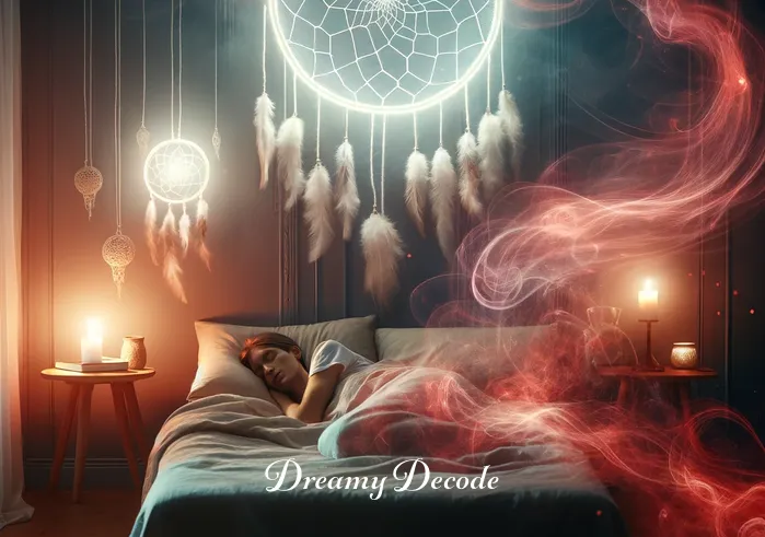 spiritual meaning of seeing blood in a dream _ A serene bedroom scene at dusk with soft, ambient lighting. A dreamcatcher hangs above a peacefully sleeping individual, symbolizing protection and filtering of dreams. Faint, ethereal red wisps, representing blood, swirl gently around the room, creating an atmosphere of spiritual introspection and the exploration of deeper subconscious meanings.