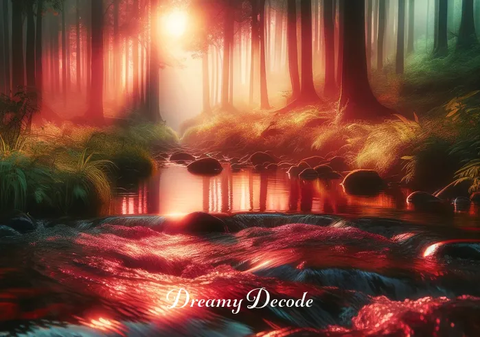 spiritual meaning of seeing blood in a dream _ A tranquil forest clearing bathed in the soft glow of sunrise. A stream of clear water gently flows in the foreground, with subtle red reflections dancing upon its surface. This scene symbolizes purification and the flow of emotions, connecting the dreamer