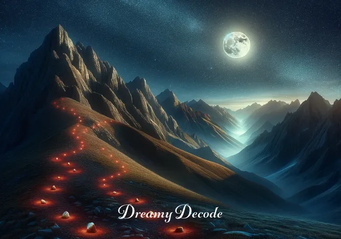 spiritual meaning of seeing blood in a dream _ A majestic mountain range under a starlit sky, with a full moon casting a serene glow. Along the mountain paths, small red stones are scattered, glowing softly. This imagery represents the dreamer