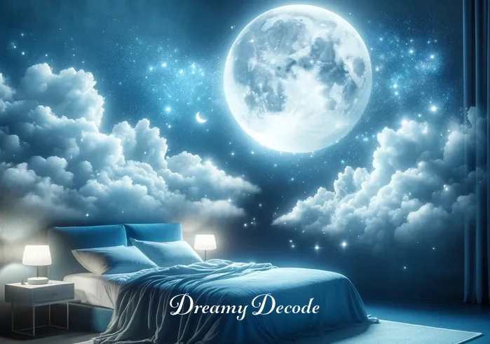 spiritual meaning of vomiting blood in a dream _ A person peacefully sleeping in a serene, moonlit room, with soft blue and silver colors dominating the scene. Dream-like clouds float around the bed, symbolizing the beginning of a spiritual journey in a dream.