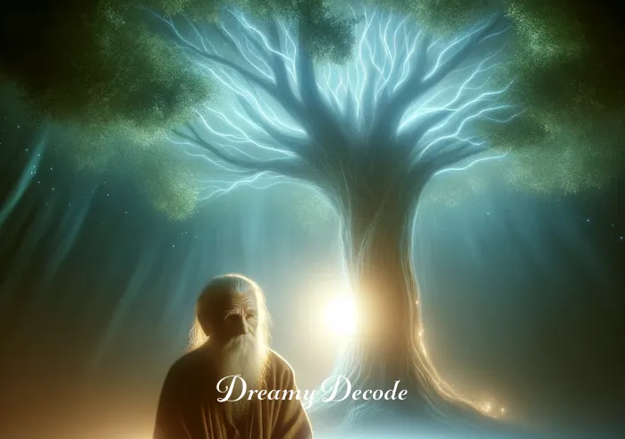 spiritual meaning of vomiting blood in a dream _ In the dream, the sleeper encounters a wise, elder figure under a large, ancient tree. The tree glows with a gentle light, and the elder