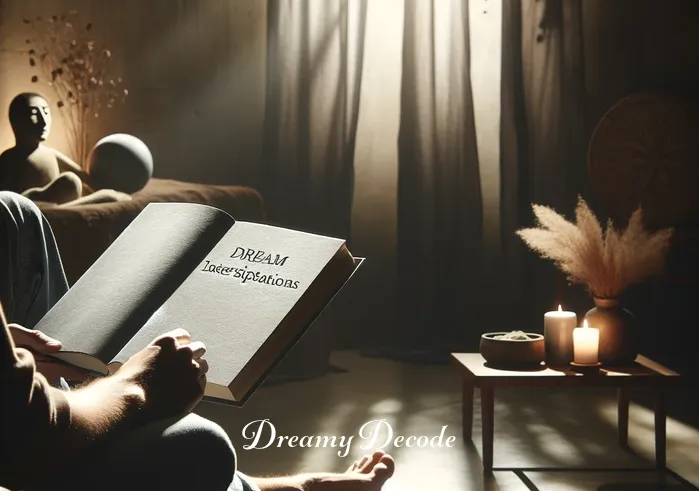 throwing up blood dream meaning _ A person sitting in a peaceful, dimly lit room, holding a book titled "Dream Interpretations." They appear thoughtful and curious, surrounded by soft shadows that create a calm and introspective atmosphere.