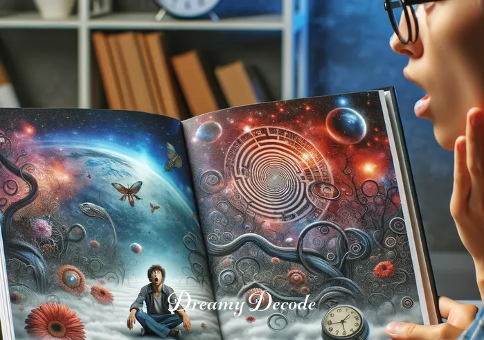 throwing up blood dream meaning _ The same person now looks startled, as they view an illustration in the book showing a surreal scene of a dreamer surrounded by a misty, ethereal landscape, with symbolic images like a clock and a maze floating around them, hinting at the complexity and mystery of dreams.