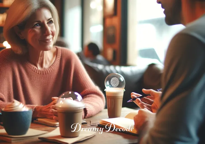 throwing up blood dream meaning _ The individual is seen discussing their dream with a compassionate and attentive friend in a cozy coffee shop. The atmosphere is warm and supportive, with cups of coffee on the table and a comforting, engaging conversation unfolding.
