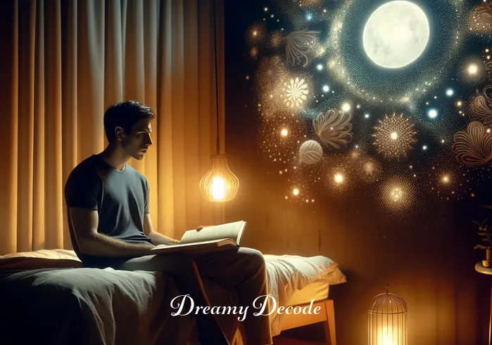 vomiting blood dream meaning _ A person sitting on a bed in a dimly lit room, looking worried and contemplative, with a dream interpretation book opened in their lap. The room has a peaceful ambiance with soft, glowing light, creating an aura of introspection and self-discovery.