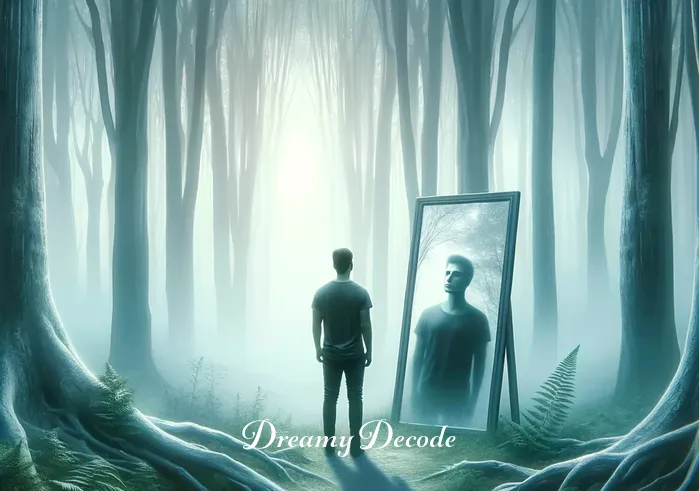vomiting blood dream meaning _ A surreal image of a dream-like scene where the person is standing in a misty forest, gazing at a mirror that reflects an image of themselves with a concerned expression. The forest is ethereal, with a serene yet mysterious atmosphere.