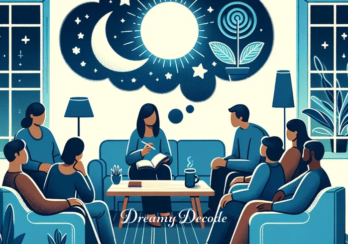 vomiting blood dream meaning _ A final image depicts the person sharing their dream interpretation insights with a small, attentive group in a cozy living room setting. There's a sense of community and support, with people nodding and engaging in thoughtful conversation.