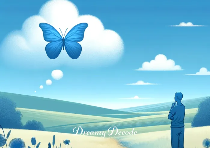 biblical meaning of blue in a dream _ A person standing in a tranquil field under a clear blue sky, gazing thoughtfully at a vivid blue butterfly perched on their hand, symbolizing the start of a spiritual journey in a dream.