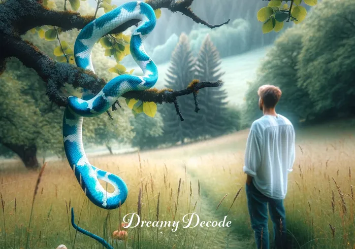 blue and white snake dream meaning _ A person in a peaceful meadow, gazing at a vivid blue and white snake curled around a tree branch, symbolizing curiosity and unexpected discovery.