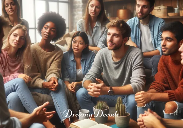 blue and white snake dream meaning _ The scene transitions to the person sharing their dream with a diverse group of attentive friends in a cozy living room, emphasizing communication and community.
