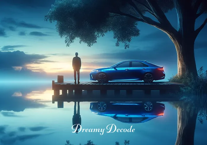 blue car dream meaning _ A dreamer standing by a serene lakeside at twilight, gazing at a reflection of a bright blue car in the still water. The scene evokes a sense of calm and introspection, symbolizing self-reflection and the exploration of one