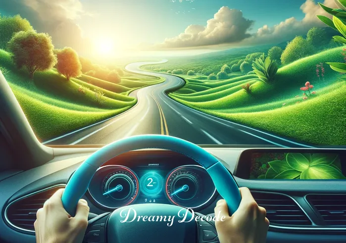 blue car dream meaning _ The dream shifts to show the dreamer inside the blue car, hands on the wheel, driving along an open, winding road surrounded by lush greenery under a clear sky. This image represents the journey of life, personal growth, and the pursuit of goals and desires.
