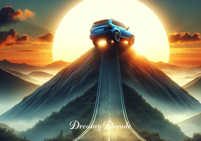 blue car dream meaning _ The scene transforms, depicting the blue car ascending a steep hill against a backdrop of a rising sun. This symbolizes overcoming challenges and obstacles, with the rising sun representing hope, new beginnings, and the promise of success.