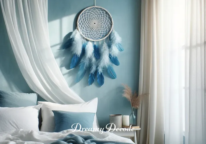 blue color dream meaning _ A serene bedroom with soft blue walls and white curtains gently swaying in a breeze. A dreamcatcher hangs above a cozy bed, its blue feathers subtly moving, symbolizing the beginning of a dream journey in a peaceful, secure environment.