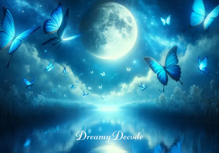 blue color dream meaning _ A surreal dreamscape under a starlit sky, where ethereal blue butterflies flutter around a tranquil lake reflecting the moon. This serene scene conveys a sense of exploration and discovery in the world of dreams, emphasizing the soothing qualities of the color blue.