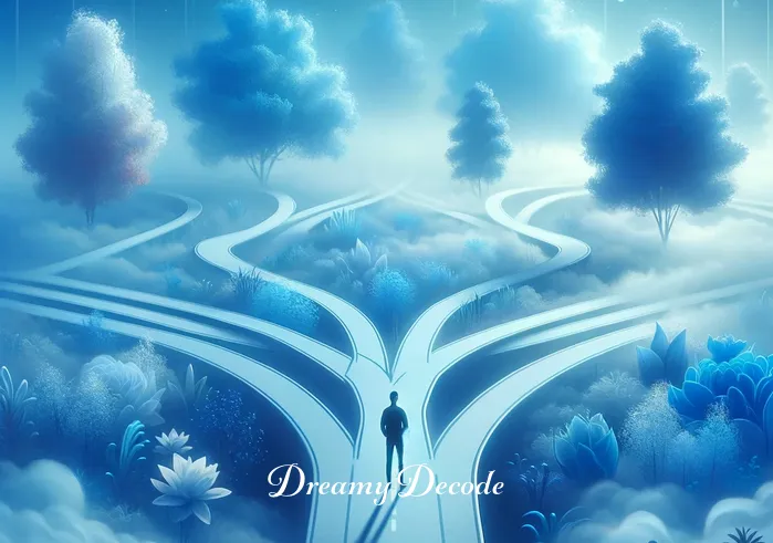 blue color dream meaning _ A person standing at a crossroads in a dream, surrounded by various shades of blue mist. Each path is lined with different blue flowers and trees, symbolizing the choices and directions one can take in their dream journey, guided by calmness and clarity.