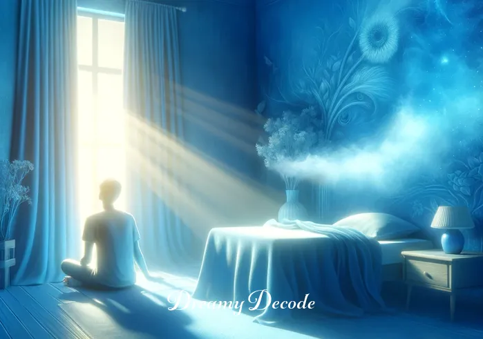 blue color dream meaning _ A depiction of a dreamer waking up, surrounded by soft blue morning light filtering through the window. The room is peaceful, with blue-themed decor, signifying the end of a dream journey and the return to reality, feeling refreshed and serene.