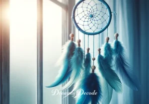 blue dream catcher meaning _ The finished blue dream catcher hangs gracefully near a window, with the gentle breeze making the feathers sway. Its presence symbolizes protection, filtering out negative dreams and fostering peaceful sleep.