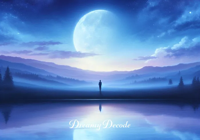 blue dream jhene aiko lyrics meaning _ A serene landscape depicts a dreamy, twilight sky in hues of soft blue and purple, representing the beginning of a spiritual journey inspired by the song "Blue Dream" by Jhene Aiko. A solitary figure stands at the edge of a calm lake, looking at the reflection of the moon, symbolizing self-reflection and inner peace.