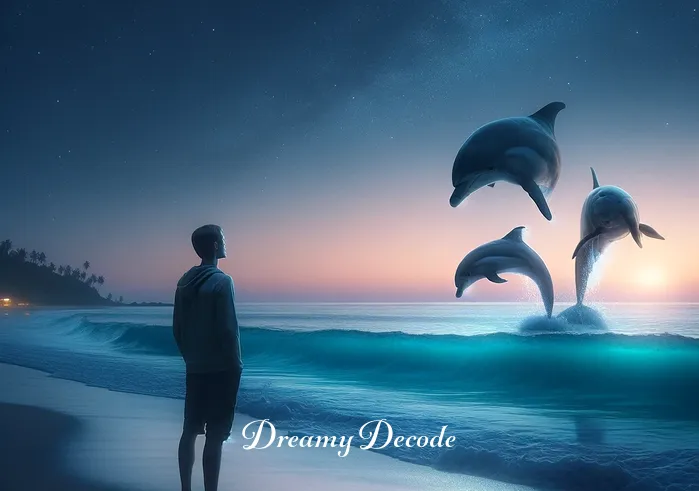 dream of dolphin attack meaning _ A person standing on a serene beach, gazing towards the ocean under a twilight sky. In the distance, a group of dolphins is playfully leaping out of the water, creating a peaceful and surreal atmosphere.