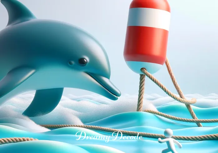 dream of dolphin attack meaning _ The focus shifts to a surreal depiction of the dolphin playfully chasing after a small, animated representation of the dreamer. The scene is whimsical, with the dolphin and the animated figure engaging in a light-hearted chase around a buoy.