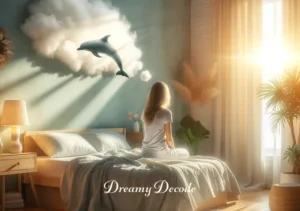 dream of dolphin attack meaning _ The final image shows the dreamer, now awake, sitting on the edge of their bed, with a look of contemplation. The room is softly lit by the morning sun, and a small dolphin-themed decoration is visible, hinting at the connection between the dream and their waking world.