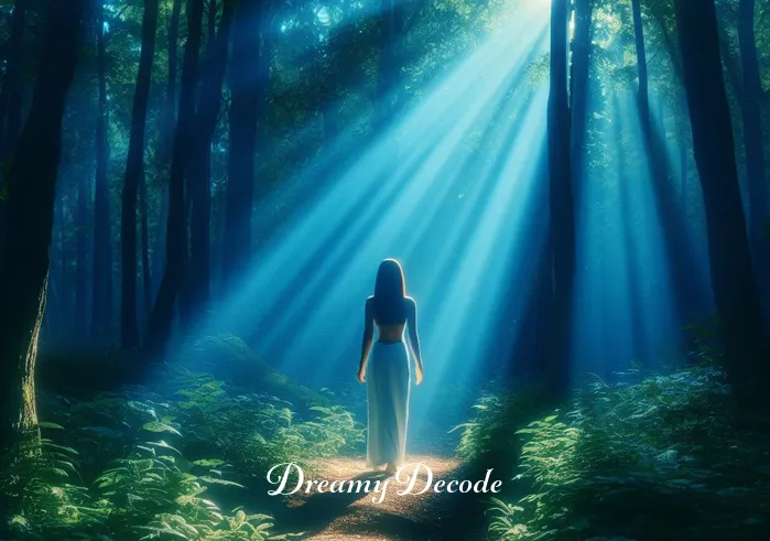 blue dream jhene aiko meaning _ A woman walking along a forest path, bathed in soft, blue light, representing a journey through self-reflection and healing, as depicted in "Blue Dream" by Jhené Aiko. The forest is lush, symbolizing growth and renewal.