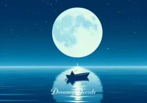 blue dream jhene aiko meaning _ A lone boat on a tranquil, moonlit ocean, signifying the conclusion of the introspective journey in "Blue Dream". The moon's reflection on the water creates a path, symbolizing guidance and clarity gained through the journey.