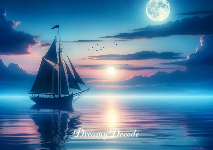 blue dream lyrics meaning _ A tranquil seascape under a twilight sky, with a small sailboat drifting on calm waters, symbolizing a serene journey into the realm of dreams and the beginning of a lyrical adventure inspired by the song "Blue Dream."