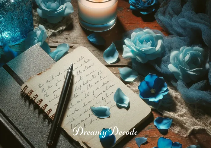 blue dream lyrics meaning _ An open notebook resting on a wooden table with a pen, surrounded by scattered blue petals and a softly glowing candle, representing the process of writing and interpreting the deep, emotional lyrics of "Blue Dream."