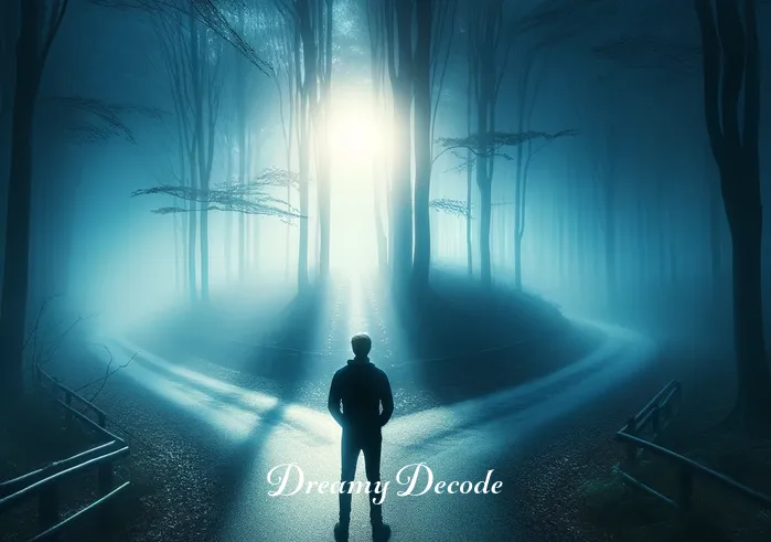 blue dream lyrics meaning _ A person standing at a crossroads in a misty forest, with one path illuminated by a gentle blue light, depicting the moment of introspection and decision-making inspired by the lyrics of "Blue Dream."