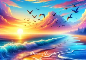 blue dream lyrics meaning _ A vibrant sunrise over a peaceful beach, with soft waves washing over the shore and a flock of birds taking flight, symbolizing the hopeful resolution and uplifting conclusion drawn from the meaning of the lyrics in "Blue Dream."