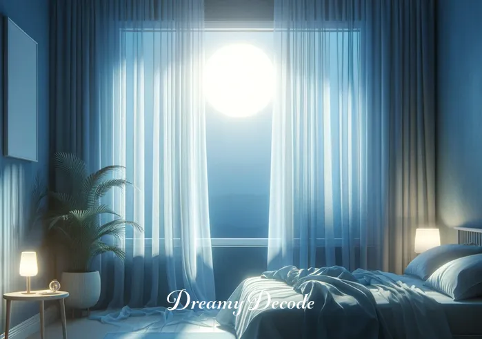blue dream meaning _ A person peacefully sleeping in a serene bedroom with walls painted in soft blue tones, symbolizing the beginning of a blue dream journey. The room is filled with gentle moonlight filtering through sheer curtains, casting a calming blue glow over everything.