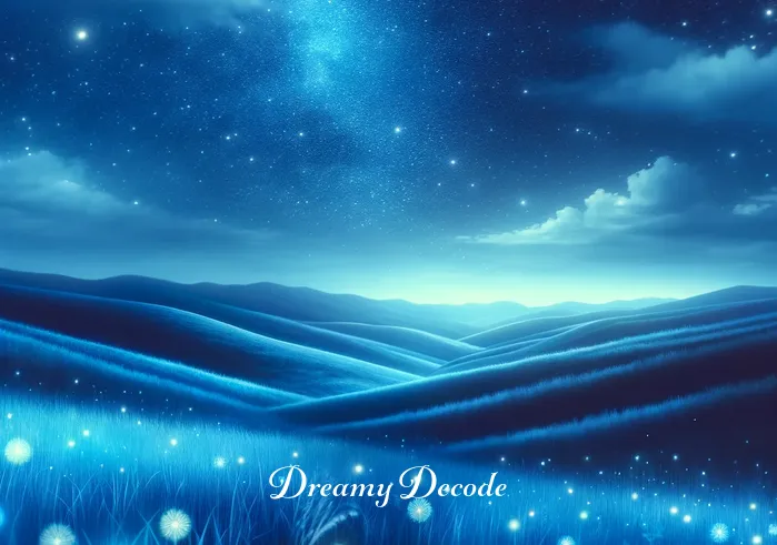 blue dream meaning _ The same person now in a dream state, surrounded by a surreal landscape of rolling blue hills under a starry sky. The hills are dotted with wildflowers, glowing faintly under the celestial light, creating an ethereal, tranquil atmosphere.