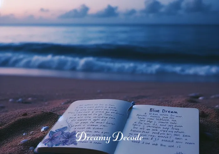 blue dream meaning jhene aiko _ A serene beach at twilight, with gentle waves lapping the shore. In the foreground, a notebook lies open, revealing lyrics inspired by Jhené Aiko