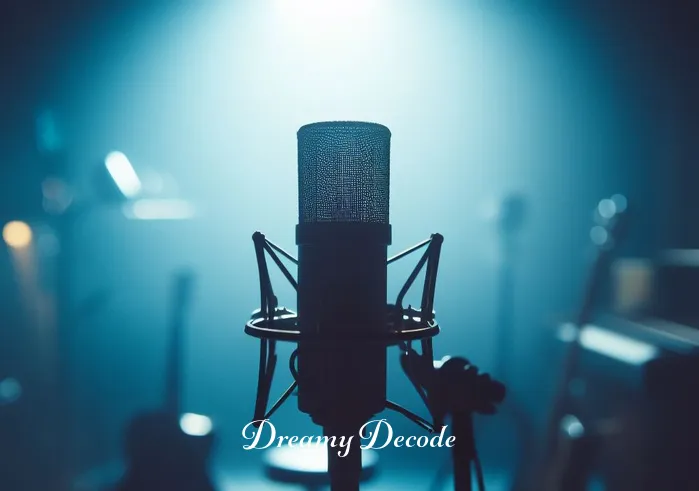 blue dream meaning jhene aiko _ A soft-focus image of a recording studio, bathed in a calming blue light. A microphone stands at the center, surrounded by instruments, capturing the essence of a musician