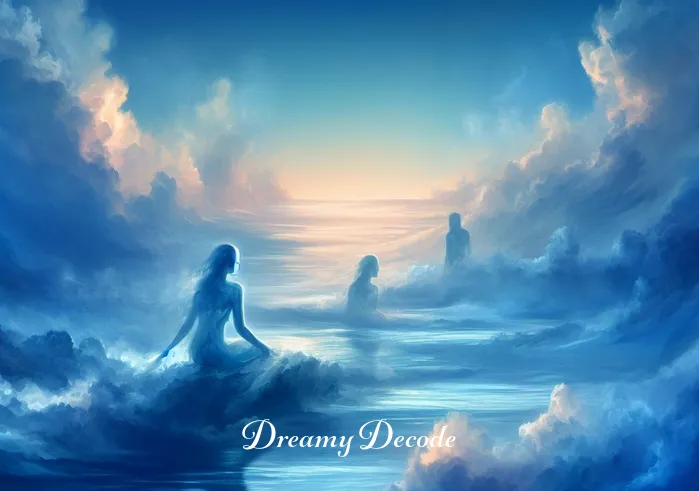 blue dream meaning jhene aiko _ A dreamlike, surreal landscape blending sea and sky in varying shades of blue. Ethereal figures float peacefully, symbolizing the introspective journey and emotional depth in Jhené Aiko