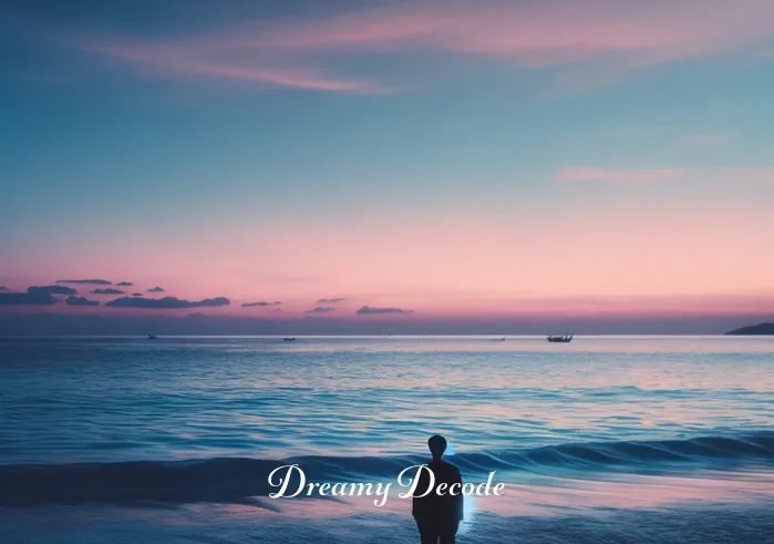 blue dream song meaning _ A serene seascape at twilight, with gentle waves lapping against the shore under a pastel sky. In the foreground, a silhouette of a person standing on the beach, gazing at the horizon, evokes a sense of contemplation and longing.
