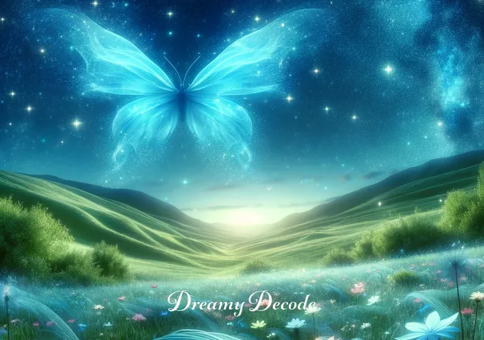 blue dream song meaning _ A whimsical dreamscape with a vast, star-filled sky above a lush, rolling meadow. In the center, a large, ethereal blue butterfly symbolizes transformation and freedom, its wings casting a soft glow on the surrounding flowers.