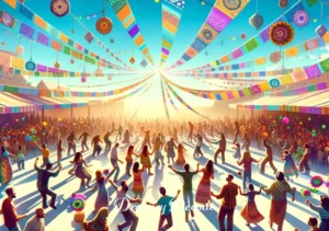 blue dream song meaning _ A vibrant scene of a festive gathering under a clear blue sky. People of diverse backgrounds are dancing and celebrating together, surrounded by colorful decorations. The atmosphere is joyous, capturing the essence of community and shared happiness.