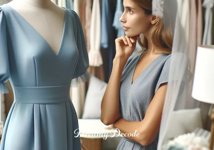 blue dress dream meaning _ A woman stands in a boutique, gazing at a beautiful blue dress on a mannequin. The dress is elegant and simple, with a soothing shade of sky blue. She appears contemplative and slightly dreamy, as if the dress has sparked a sense of wonder or deep thought in her.