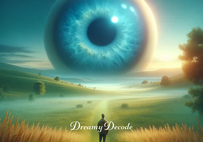 blue eyes dream meaning _ A person standing in a peaceful, serene meadow under a clear sky, gazing into a pair of large, vivid blue eyes appearing as a mirage in the sky, symbolizing the beginning of a dream journey.