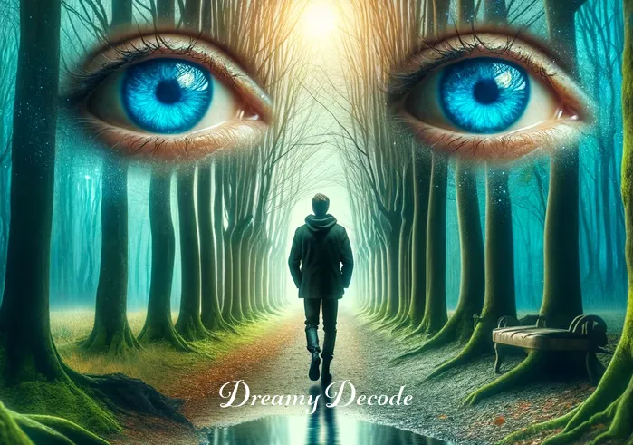 blue eyes dream meaning _ The same person, now walking through a forest path lined with trees, the blue eyes reflecting in a stream alongside, suggesting a deeper exploration into the meaning of the dream.
