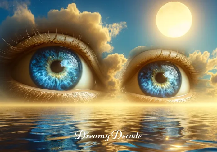 blue eyes in dream meaning _ A dream sequence showing a vast, serene ocean under a clear blue sky. The sun casts a warm, golden glow on the water. In the water, a pair of large, vivid blue eyes reflects the sunlight, creating a mesmerizing and tranquil scene.