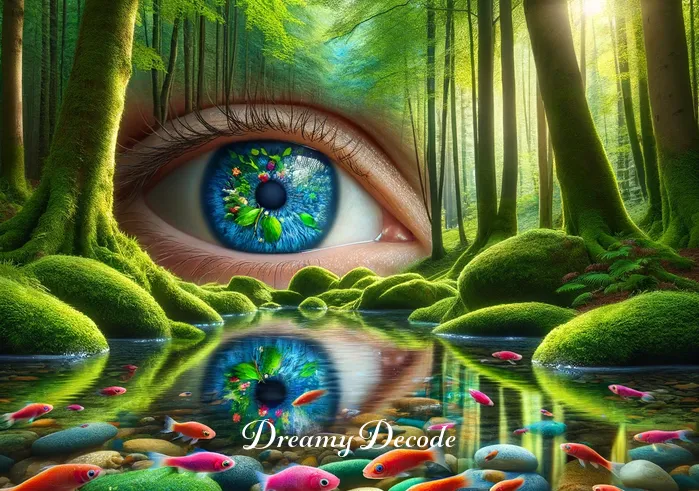 blue eyes in dream meaning _ A transition to a lush, green forest in the dream, where sunlight filters through the trees. The blue eyes appear again, this time as a reflection in a crystal-clear stream, surrounded by colorful pebbles and small, vibrant fish swimming around.