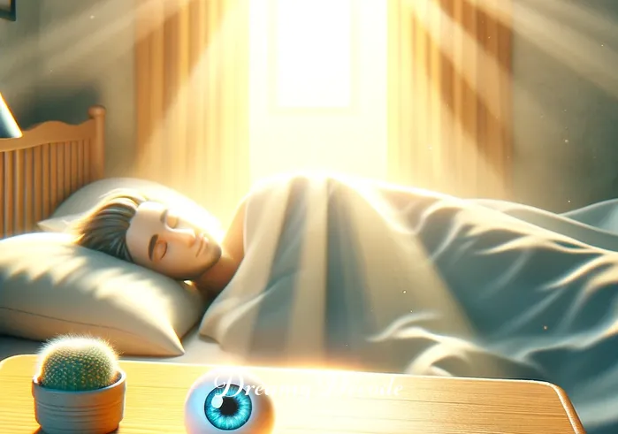 blue eyes in dream meaning _ The final scene depicts the person waking up, with a look of peaceful realization and contentment. The morning sun illuminates the room, highlighting a small blue-eyed figurine on the bedside table, symbolizing the connection between the dream and reality.