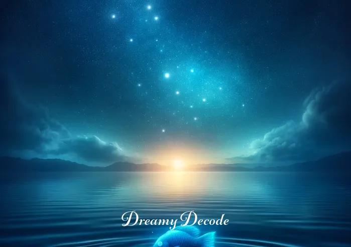 blue fish dream meaning _ A serene night sky with twinkling stars above a calm ocean. In the foreground, a vivid blue fish appears in the water, symbolizing the beginning of a dream journey. The scene exudes tranquility and a sense of anticipation for a deeper exploration of the dream world.