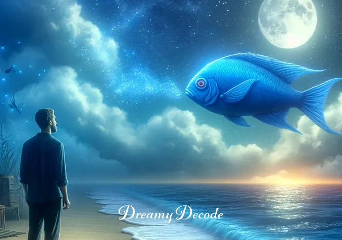 blue fish dream meaning _ A dreamer standing on a sandy shore, gazing at the ocean under a moonlit sky. The blue fish from the dream now swims towards the shore, meeting the dreamer