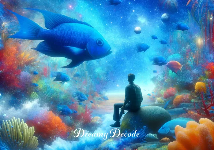 blue fish dream meaning _ The dreamer, now in a surreal underwater world, follows the blue fish through a vibrant coral reef teeming with colorful marine life. This represents the dreamer