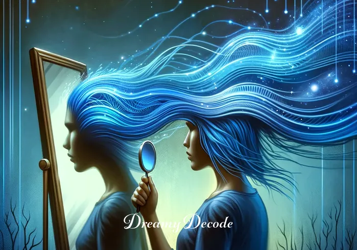 blue hair dream meaning _ A person, with a look of wonder, holding a mirror and observing their blue hair transform into flowing streams of water, signifying the flow of emotions and the subconscious mind in their dream.
